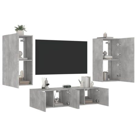 TV wall furniture with LED 4 pieces concrete gray engineered wood by , TV Furniture - Ref: Foro24-3216849, Price: 193,75 €, D...