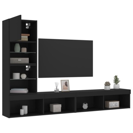 Wall TV cabinets with LED 4 pieces black engineered wood by , TV Furniture - Ref: Foro24-3216641, Price: 166,19 €, Discount: %