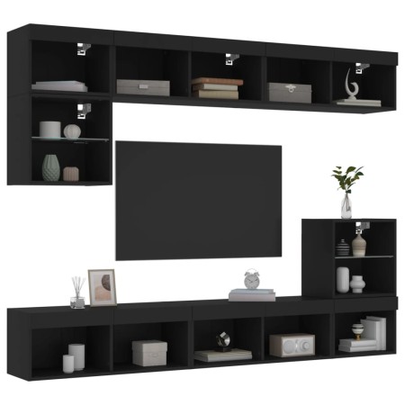 Wall TV cabinets with LED 8 pieces black engineered wood by , TV Furniture - Ref: Foro24-3216669, Price: 247,45 €, Discount: %