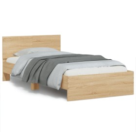 Sonoma oak engineered wood bed with headboard 100x200 cm by , Beds and slatted bases - Ref: Foro24-838619, Price: 76,38 €, Di...