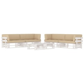 6-piece pallet furniture set with pine wood cushions in white impregnated color. by , Garden sets - Ref: Foro24-3067000, Pric...