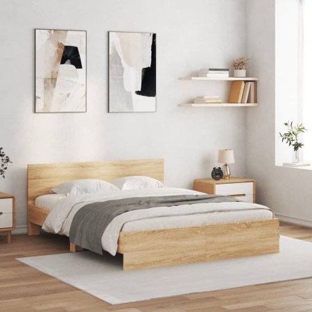 Sonoma oak bed frame with headboard 140x200 cm by , Beds and slatted bases - Ref: Foro24-3207485, Price: 143,99 €, Discount: %