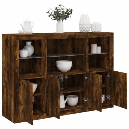 Sideboard with LED light 3 pieces engineered wood smoked oak by , Sideboards - Ref: Foro24-3209111, Price: 214,99 €, Discount: %