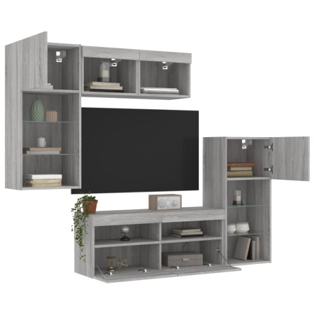 TV wall furniture with LED 5 pieces engineered wood gray Sonoma by , TV Furniture - Ref: Foro24-3216730, Price: 257,40 €, Dis...