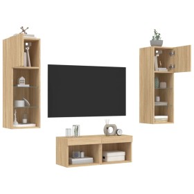 Wall-mounted TV furniture with LED lights, 4 pieces Sonoma oak by , TV Furniture - Ref: Foro24-3216578, Price: 150,40 €, Disc...