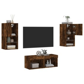 Wall-mounted TV furniture with LED lights, 4 pieces in smoked oak. by , TV Furniture - Ref: Foro24-3216573, Price: 116,99 €, ...