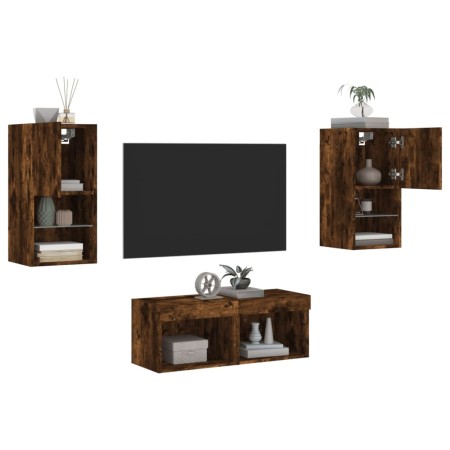 Wall-mounted TV furniture with LED lights, 4 pieces in smoked oak. by , TV Furniture - Ref: Foro24-3216573, Price: 116,28 €, ...