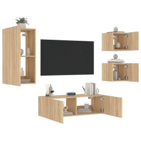 Wall-mounted TV furniture with LED lights, 4 pieces Sonoma oak by , TV Furniture - Ref: Foro24-3216883, Price: 160,99 €, Disc...