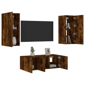 TV wall unit with LED lights, 4 pieces, engineered wood in smoked oak. by , TV Furniture - Ref: Foro24-3216808, Price: 158,39...