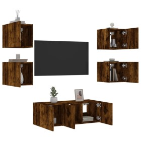 TV wall unit with LED lights, 6 pieces, engineered wood in smoked oak. by , TV Furniture - Ref: Foro24-3216815, Price: 175,21...