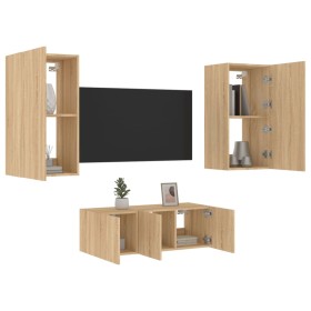 TV wall unit with LED lights, 4 pieces, engineered wood in Sonoma oak. by , TV Furniture - Ref: Foro24-3216820, Price: 182,99...