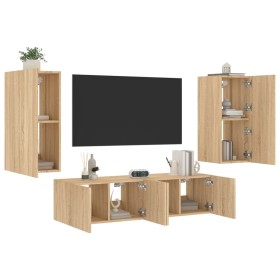 TV wall unit with LED lights, 4 pieces, engineered wood in Sonoma oak. by , TV Furniture - Ref: Foro24-3216841, Price: 167,78...