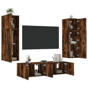 TV wall unit with LED lights, 6 pieces, engineered wood in smoked oak. by , TV Furniture - Ref: Foro24-3216836, Price: 224,99...