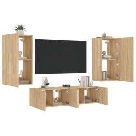 Muebles TV pared con LED 4 pzas madera ingeniería roble Sonoma de , Muebles TV - Ref: Foro24-3216848, Precio: 191,34 €, Descu...