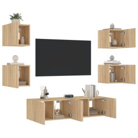 TV wall unit with LED lights, 6 pieces, engineered wood in Sonoma oak. by , TV Furniture - Ref: Foro24-3216855, Price: 184,13...