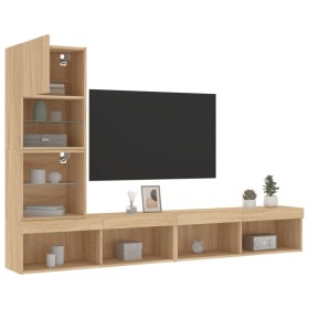 TV wall unit with LED lights, 4 pieces, engineered wood in Sonoma oak. by , TV Furniture - Ref: Foro24-3216642, Price: 153,27...