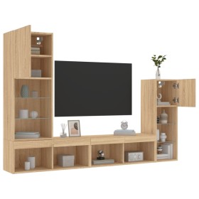 TV wall unit with LED lights, 4 pieces, engineered wood in Sonoma oak. by , TV Furniture - Ref: Foro24-3216649, Price: 189,49...