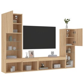 TV wall unit with LED lights, 4 pieces, engineered wood in Sonoma oak. by , TV Furniture - Ref: Foro24-3216656, Price: 182,99...