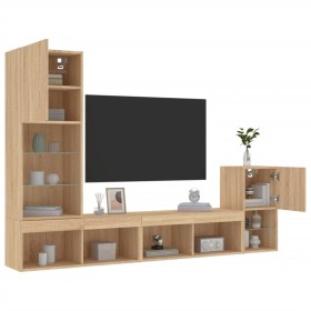 TV wall unit with LED lights, 4 pieces, engineered wood in Sonoma oak. by , TV Furniture - Ref: Foro24-3216663, Price: 172,52...