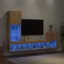 TV wall unit with LED lights, 4 pieces, engineered wood in Sonoma oak. by , TV Furniture - Ref: Foro24-3216663, Price: 172,52...