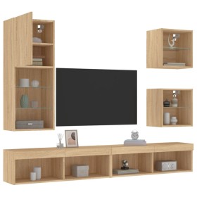 TV wall unit with LED lights, 5 pieces, engineered wood in Sonoma oak. by , TV Furniture - Ref: Foro24-3216677, Price: 196,67...