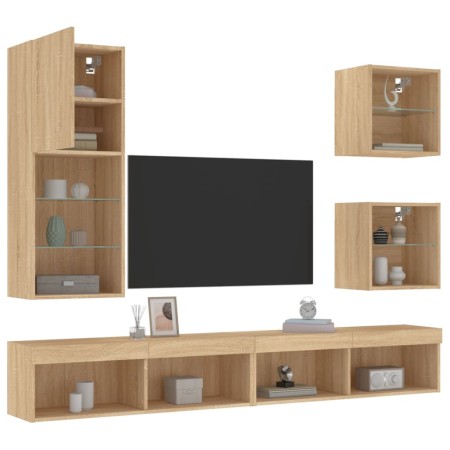 TV wall unit with LED lights, 5 pieces, engineered wood in Sonoma oak. by , TV Furniture - Ref: Foro24-3216677, Price: 193,71...