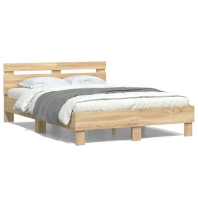 Estructura de cama cabecero y luces LED roble Sonoma 120x200 cm de , Camas y somieres - Ref: Foro24-3207555, Precio: 144,10 €...