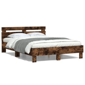 Estructura de cama cabecero y luces LED roble ahumado 120x200cm de , Camas y somieres - Ref: Foro24-3207557, Precio: 143,99 €...