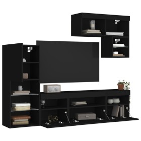 Wall TV cabinets with LED 6 pieces black engineered wood by , TV Furniture - Ref: Foro24-3216733, Price: 233,99 €, Discount: %