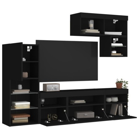 Wall TV cabinets with LED 6 pieces black engineered wood by , TV Furniture - Ref: Foro24-3216733, Price: 232,40 €, Discount: %