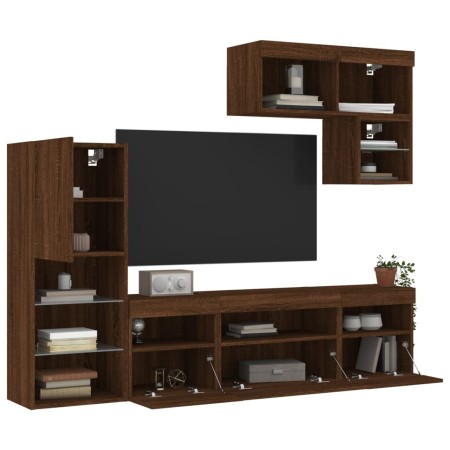 TV wall furniture with LED 6 pieces oak brown engineered wood by , TV Furniture - Ref: Foro24-3216738, Price: 231,33 €, Disco...