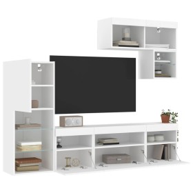 Wall-mounted TV furniture with LED lights, 6 pieces, engineered wood, white. by , TV Furniture - Ref: Foro24-3216732, Price: ...