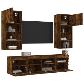 TV wall unit with LED lights, 5 pieces, engineered wood in smoked oak. by , TV Furniture - Ref: Foro24-3216747, Price: 207,99...