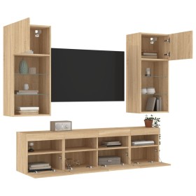 TV wall unit with LED lights, 5 pieces, engineered wood in Sonoma oak. by , TV Furniture - Ref: Foro24-3216745, Price: 209,11...