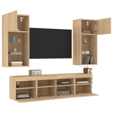 Muebles TV pared con LED 5 pzas madera ingeniería roble Sonoma de , Muebles TV - Ref: Foro24-3216745, Precio: 209,11 €, Descu...