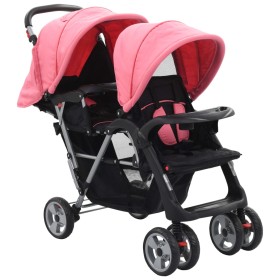 Carrito para 2 niños tandem de acero rosa y negro de vidaXL, Cochecitos de bebé - Ref: Foro24-10157, Precio: 205,48 €, Descue...