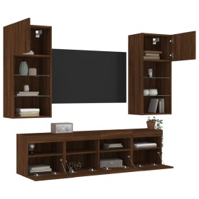 Muebles TV pared con LED 5 pzas madera ingeniería marrón roble de , Muebles TV - Ref: Foro24-3216749, Precio: 211,99 €, Descu...