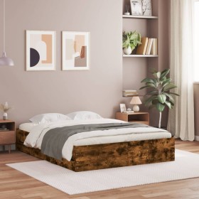 Smoked oak engineered wood bed with drawers 140x190 cm by , Beds and slatted bases - Ref: Foro24-3207305, Price: 196,64 €, Di...