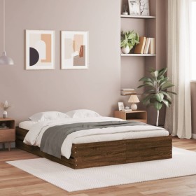 Oak brown engineered wood bed with drawers 140x190 cm by , Beds and slatted bases - Ref: Foro24-3207307, Price: 206,75 €, Dis...