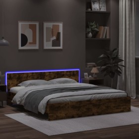 Smoked oak bed frame with headboard and LED lights 180x200cm by , Beds and slatted bases - Ref: Foro24-3207592, Price: 187,99...