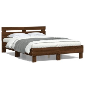 Estructura de cama cabecero y luces LED marrón roble 120x200 cm de , Camas y somieres - Ref: Foro24-3207559, Precio: 159,99 €...