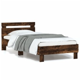 Estructura de cama cabecero luces LED roble ahumado 90x200 cm de , Camas y somieres - Ref: Foro24-838719, Precio: 105,99 €, D...