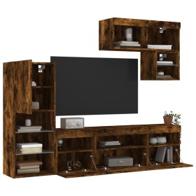 TV wall unit with LED lights, 6 pieces, engineered wood in smoked oak. by , TV Furniture - Ref: Foro24-3216736, Price: 220,99...