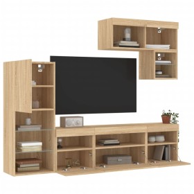 TV wall unit with LED lights, 6 pieces, engineered wood in Sonoma oak. by , TV Furniture - Ref: Foro24-3216734, Price: 217,00...