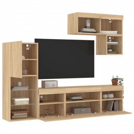 Muebles TV pared con LED 6 pzas madera ingeniería roble Sonoma de , Muebles TV - Ref: Foro24-3216734, Precio: 216,99 €, Descu...