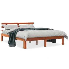 Bed frame with wax brown pine wood headboard 120x190 cm by , Beds and slatted bases - Ref: Foro24-844268, Price: 91,38 €, Dis...