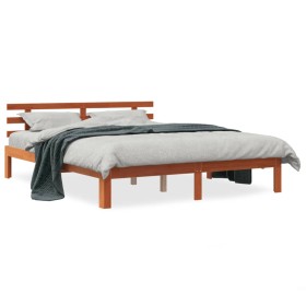 Bed frame with wax brown pine wood headboard 150x200 cm by , Beds and slatted bases - Ref: Foro24-844275, Price: 101,75 €, Di...