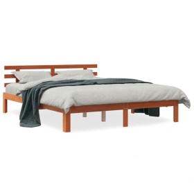 Bed frame with wax brown pine wood headboard 180x200 cm by , Beds and slatted bases - Ref: Foro24-844277, Price: 124,73 €, Di...