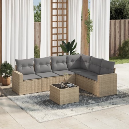 7-teiliges Gartensofa-Set und beige synthetische Rattankissen von , Modulare Sofas für den Außenbereich - Ref: Foro24-3251356...