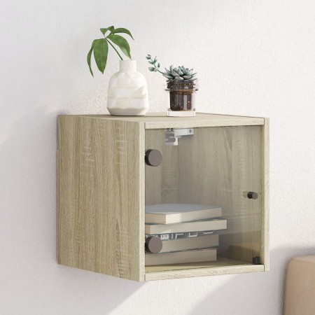 Mesita de noche con puerta de vidrio roble Sonoma 35x37x35 cm de , Mesitas de noche - Ref: Foro24-836466, Precio: 39,99 €, De...